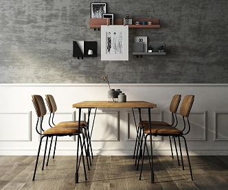 Industrial wind dining table and chair combination 3d model