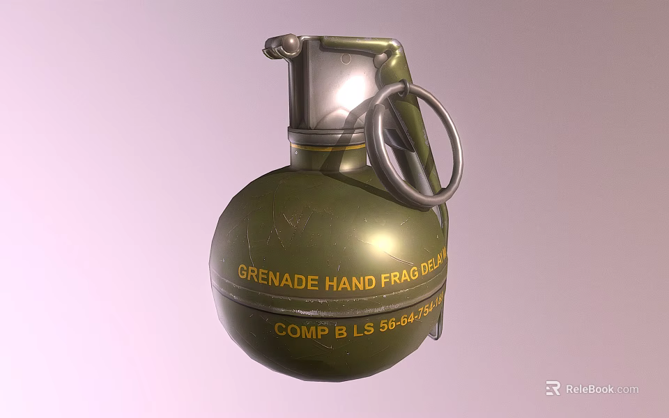 Green Hand Grenade With Fragmentation Type Metal Pin Fuse Top And Yellow Text 3d model 