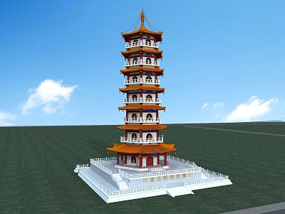 Traditional Ancient Chinese Pagoda With Multi Story Structure Red Yellow Roof And Green Grass 3d model