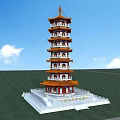 Traditional Ancient Chinese Pagoda With Multi Story Structure Red Yellow Roof And Green Grass