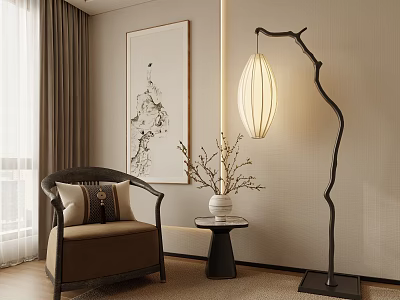 Elegant Chinese Style Leisure Chair With Side Table Vase Floor Lamp And Wall Painting 3d model