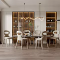 Modern Dining Room Interior With White Chairs Dining Table Wine Cabinets Wooden Flooring And Chandelier