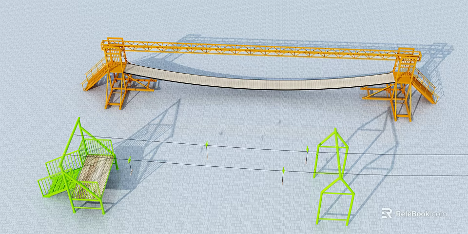 Colorful Outdoor Playground Equipment With Yellow Curved Slide And Green Frames 3d model 