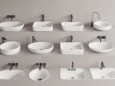 Various Modern Bathroom Washbasin Styles In Round And Square Shapes With Faucets 3d model