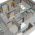 Modern Interior Space With Yellow Chairs Gray Table White Grid Shelves And Black Screens
