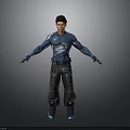 3D Character Model In Blue Costume With Lightning Symbol Standing Pose