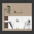 Cozy Bathroom Interior With Bathtub Sink Mirror Plant Shelf And Checkerboard Floor
