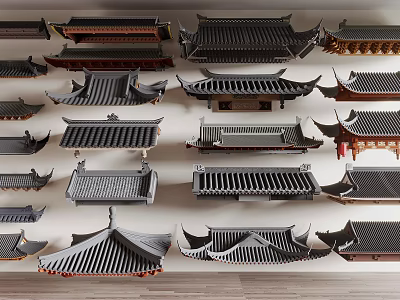 Traditional Architectural Roof Components With Various Eaves Styles And Tile Structures 3d model