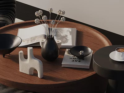 Modern Luxury Sofa Coffee Table Set With Wooden Top Decorative Vase Magazines And Coffee Cup 3d model