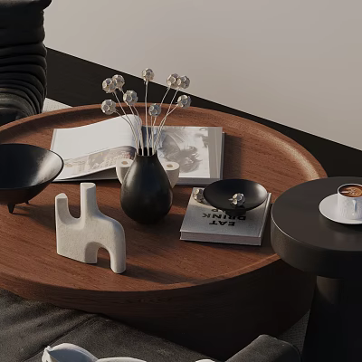Modern Luxury Sofa Coffee Table Set With Wooden Top Decorative Vase Magazines And Coffee Cup 3d model