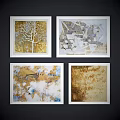 Abstract Oil Paintings Triptych With Blue Gray Gold Tones Hanging On Dark Wall