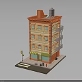 Vintage Multi Story Building With Orange Exterior Fire Escape Storefront And Street Lamp