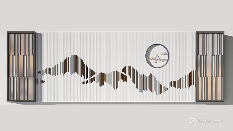 Modern Feature Wall With Wooden Striped Mountain Lines And Circular Accent 3d model 