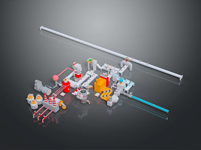 Industrial Mechanical Equipment System With Colored Components Pipes And Valves 3d model