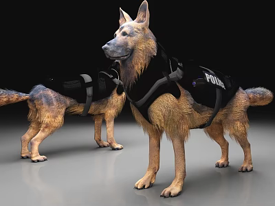 Two German Shepherd Police Dogs Standing Wearing Black Protective Vests 3d model