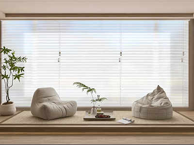 Cozy Home Balcony with Bean Bags Potted Plant Blinds and Coffee Table Fruits Magazines 3d model