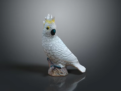 White Cockatoo Statue With Yellow Crest And Black Beak Perched On Tree Stump Base 3d model