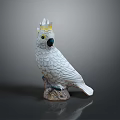 White Cockatoo Statue With Yellow Crest And Black Beak Perched On Tree Stump Base