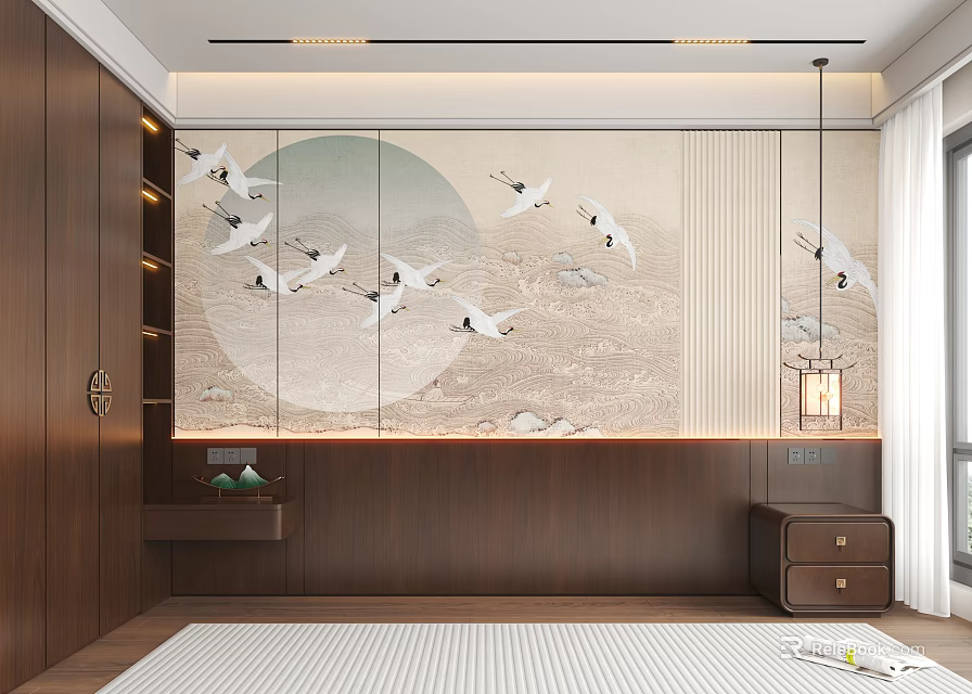Elegant Modern Chinese Background Wall With Crane Patterns Circular Sun And Wooden Decor 3d model 