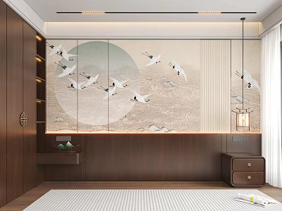 Elegant Modern Chinese Background Wall With Crane Patterns Circular Sun And Wooden Decor 3d model