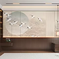 Elegant Modern Chinese Background Wall With Crane Patterns Circular Sun And Wooden Decor
