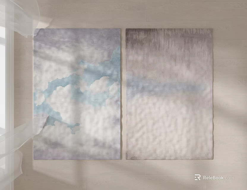 Two Square Rugs With Abstract Blue Gray Pattern And Gradient Gray White On Light Wood Floor 3d model