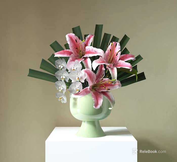 Decorative Ornament Combination With Green Vase Pink Lilies White Orchids Green Leaves On White Pedestal 3d model 