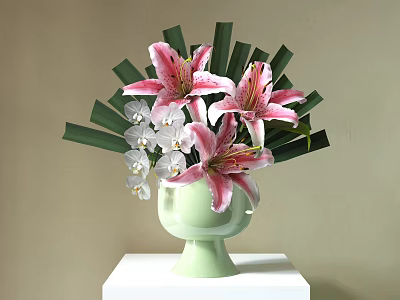 Decorative Ornament Combination With Green Vase Pink Lilies White Orchids Green Leaves On White Pedestal 3d model