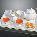 Elegant Tableware Set with Teapot Teacups Milk Jug Sugar Bowl and Pastries on Tray