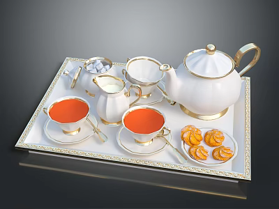 Elegant Tableware Set with Teapot Teacups Milk Jug Sugar Bowl and Pastries on Tray 3d model