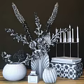 Elegant Ornamental Decor Set With Mixed Flowers Vases White Candles And Stacked Books