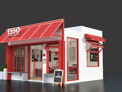 Modern Container Building with White Exterior Red Awning and Chalkboard Sign 3d model