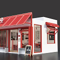 Modern Container Building with White Exterior Red Awning and Chalkboard Sign