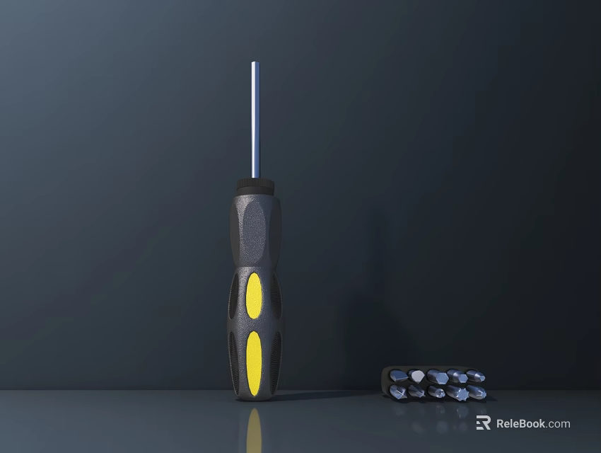 Black Screwdriver With Yellow Non Slip Grip And Silver Socket Wrench Set In Dark Background 3d model 