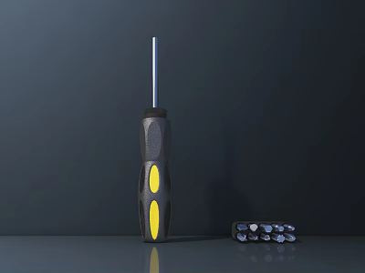Black Screwdriver With Yellow Non Slip Grip And Silver Socket Wrench Set In Dark Background 3d model