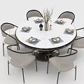 Modern Round Dining Table Set with Marble Tabletop Six Chairs Tableware and Vase Branches 3d model