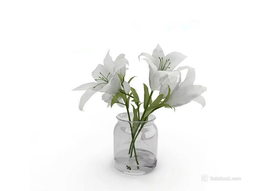 Clear Glass Vase With Fresh White Lilies And Green Stems For Decorative 3d model 