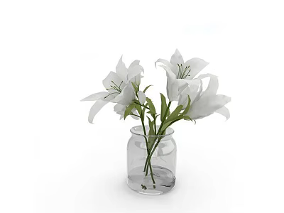 Clear Glass Vase With Fresh White Lilies And Green Stems For Decorative 3d model
