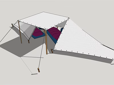 Modern Outdoor Tent With White Canopy Wooden Poles Purple Inner Lining And Guy Ropes 3d model