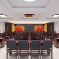 Formal Conference Room Interior With Red Flags Long Wooden Tables And Black Chairs