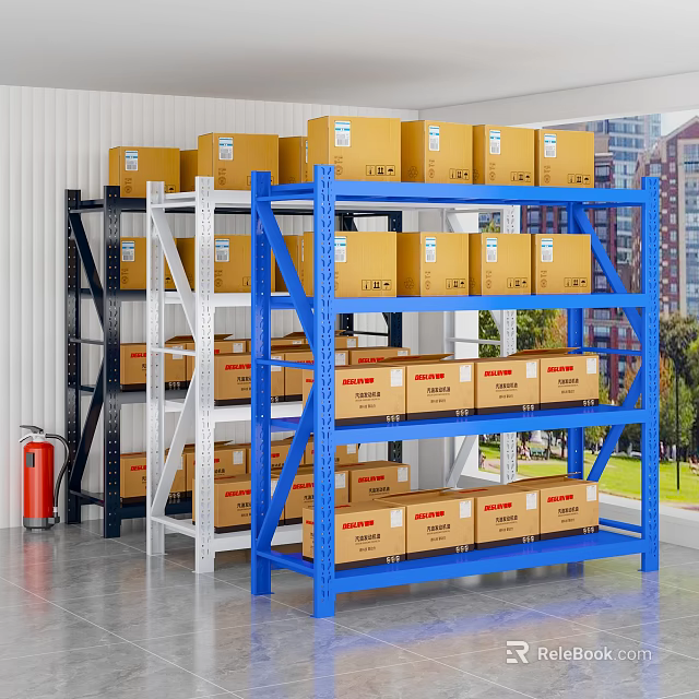 Heavy Duty Storage Racks In Blue White Black With Labeled Cardboard Boxes 3d model 