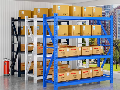 Heavy Duty Storage Racks In Blue White Black With Labeled Cardboard Boxes 3d model