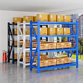 Heavy Duty Storage Racks In Blue White Black With Labeled Cardboard Boxes