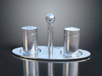 Silver Metal Salt And Pepper Shakers With Tray Holder For Dining Table 3d model