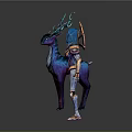 Ethereal Armored Character With Blue Crystal Head And Purple Deer With Blue Antlers