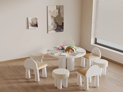 Kids Chair Set with White Frame Beige Seats in Indoor Playroom Colorful Toys Area 3d model