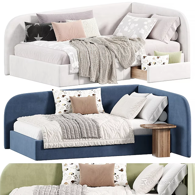 Stylish Daybed Interior With Colorful Pillows Soft Blankets And Wooden Side Table 3d model 