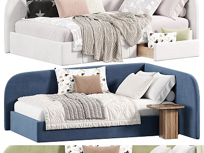 Stylish Daybed Interior With Colorful Pillows Soft Blankets And Wooden Side Table 3d model