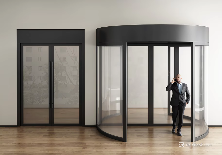 Modern Revolving Door Entrance With Double Doors And Man In Suit Walking 3d model 