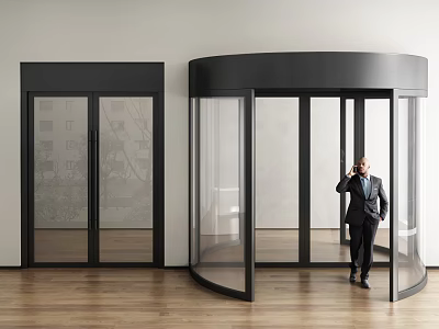Modern Revolving Door Entrance With Double Doors And Man In Suit Walking 3d model